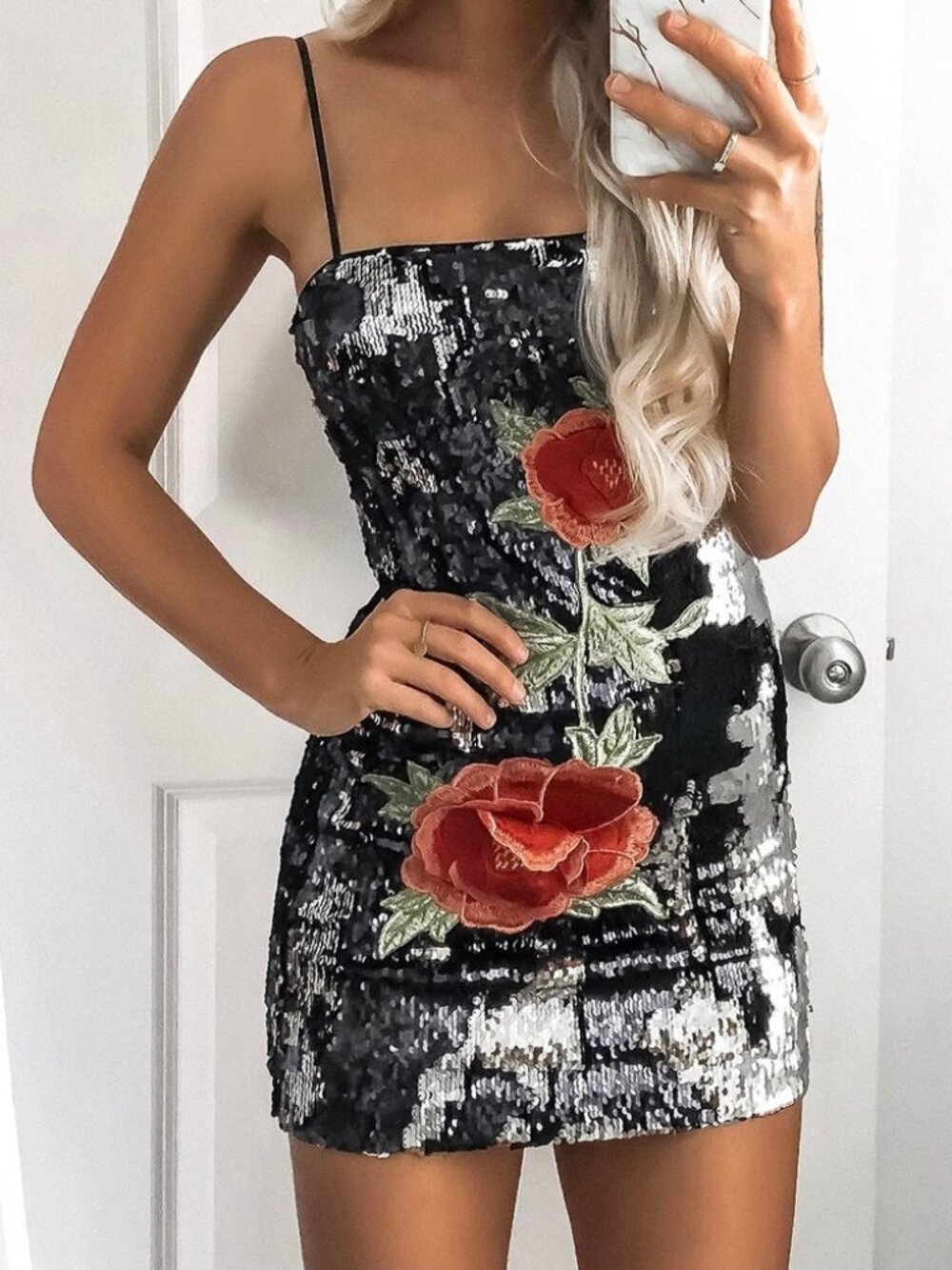 Forever 21 Black SIlver Sequin Floral Applique Dress Small S